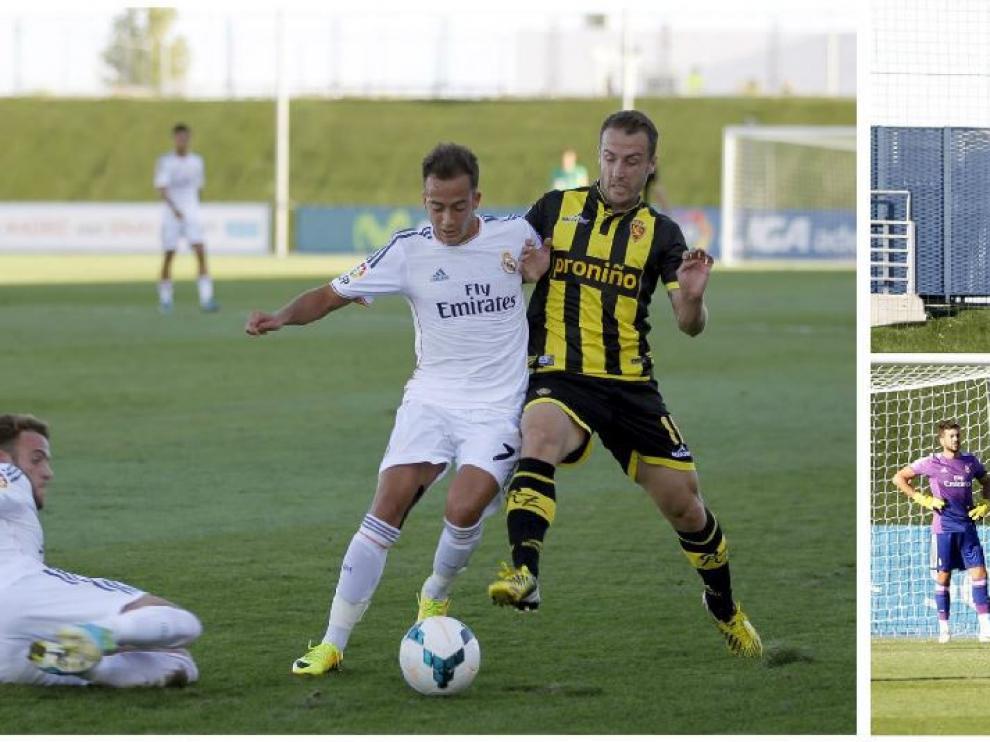 Dos momentos del partido RM Castilla-Real Zaragoza de septiembre de 2013, la primera y única vez hasta ahora que el cuadro zaragocista ha jugado en una Ciudad Deportiva. El envoltorio del partido fue así de raro para el primer equipo aragonés.