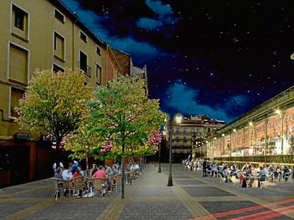 Recreación de cómo quedará el mercado remodelado, con su estructura liviana y acristalada, en una vista nocturna.