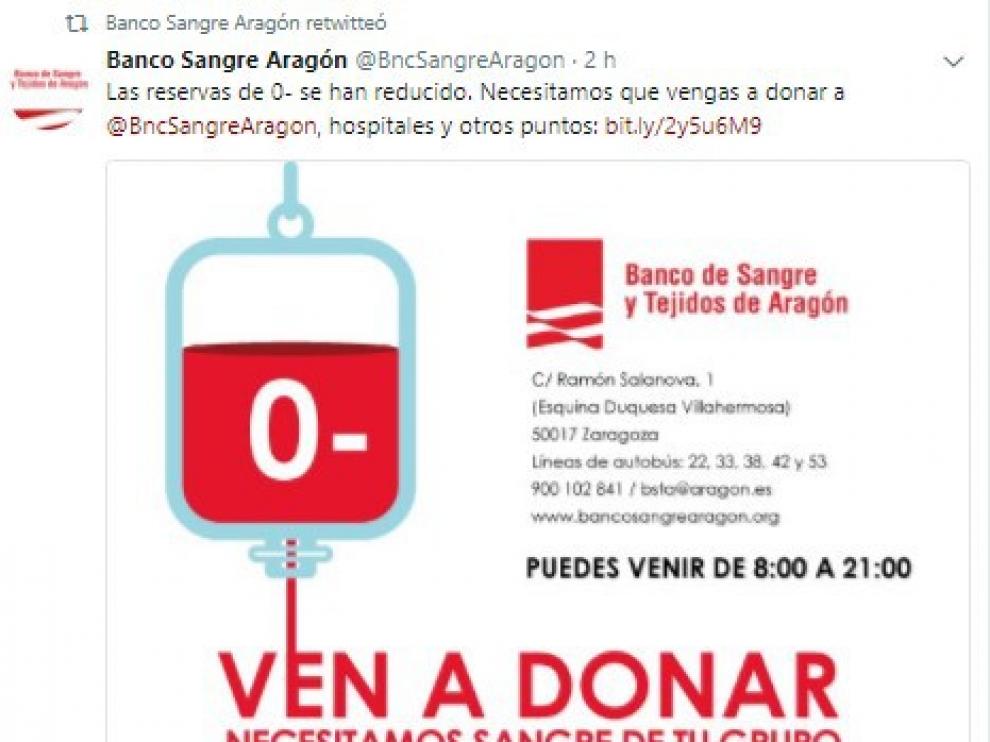 El Banco de Sangre de Aragón llama a donar del grupo 0 negativo