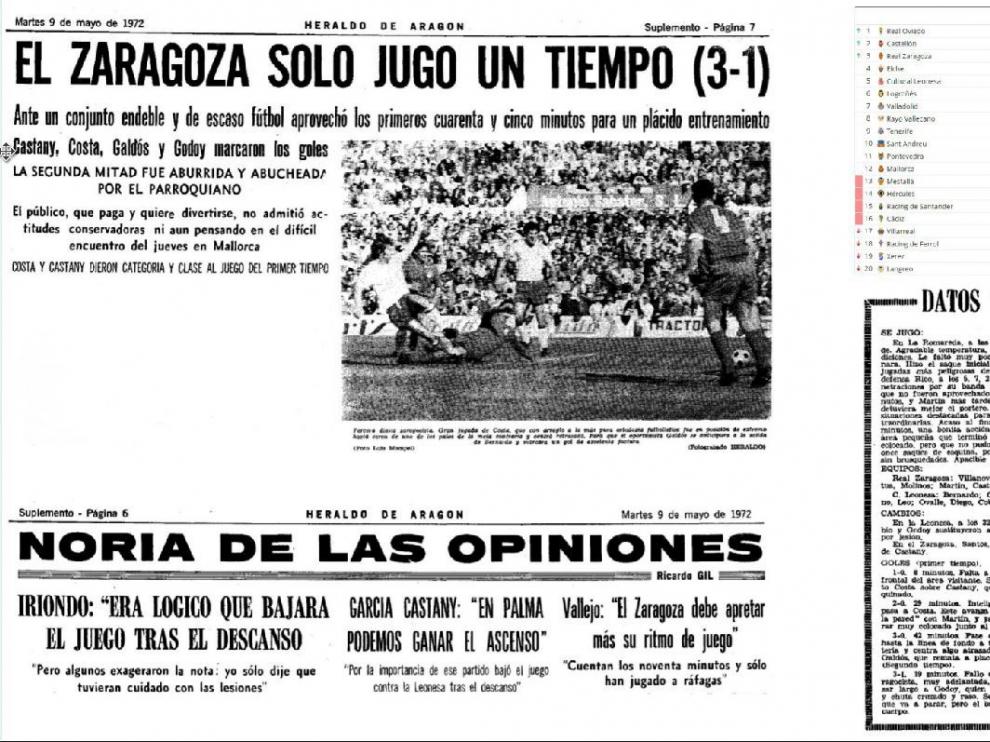 Recortes de HERALDO DE ARAGÓN con la información del último Real Zaragoza-Cultural Leonesa jugado en La Romareda, en mayo de 1975.