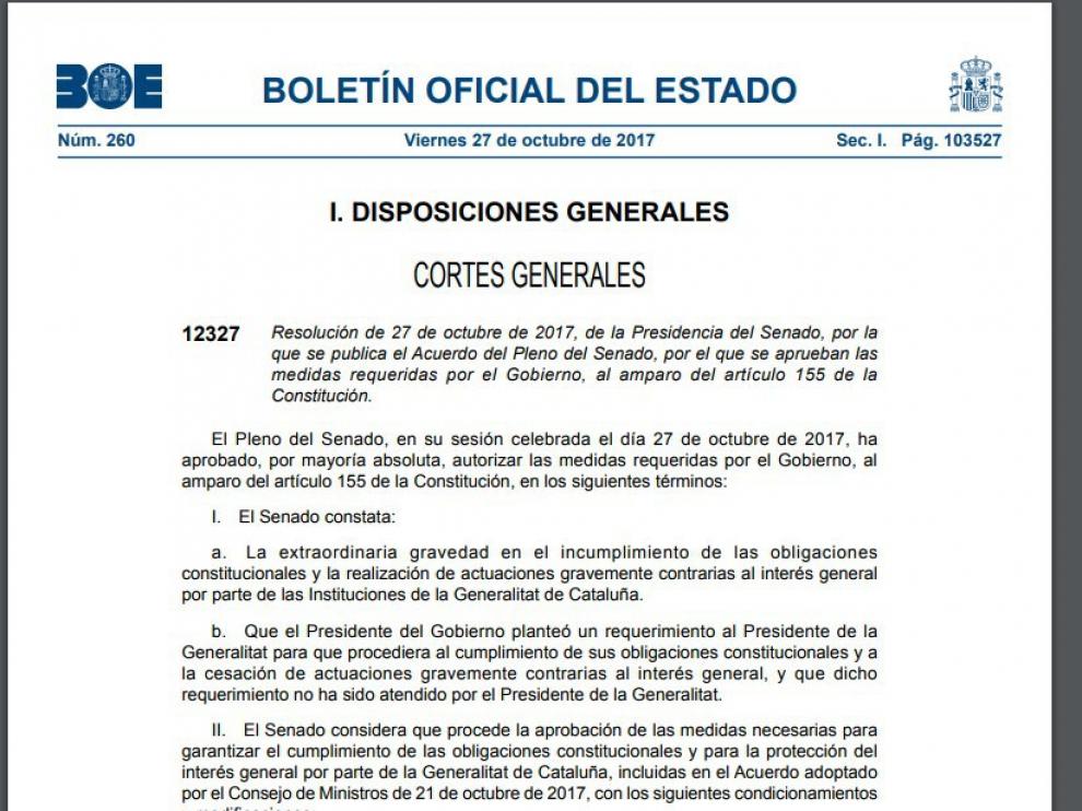 El BOE publica la resolución aprobada por el Senado con las medidas del 155