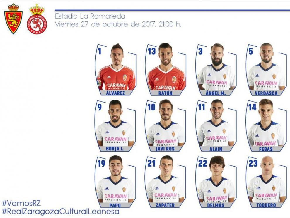 Lista de 18 convocados del Real Zaragoza para el partido de este viernes en La Romareda ante la Cultural Leonesa.