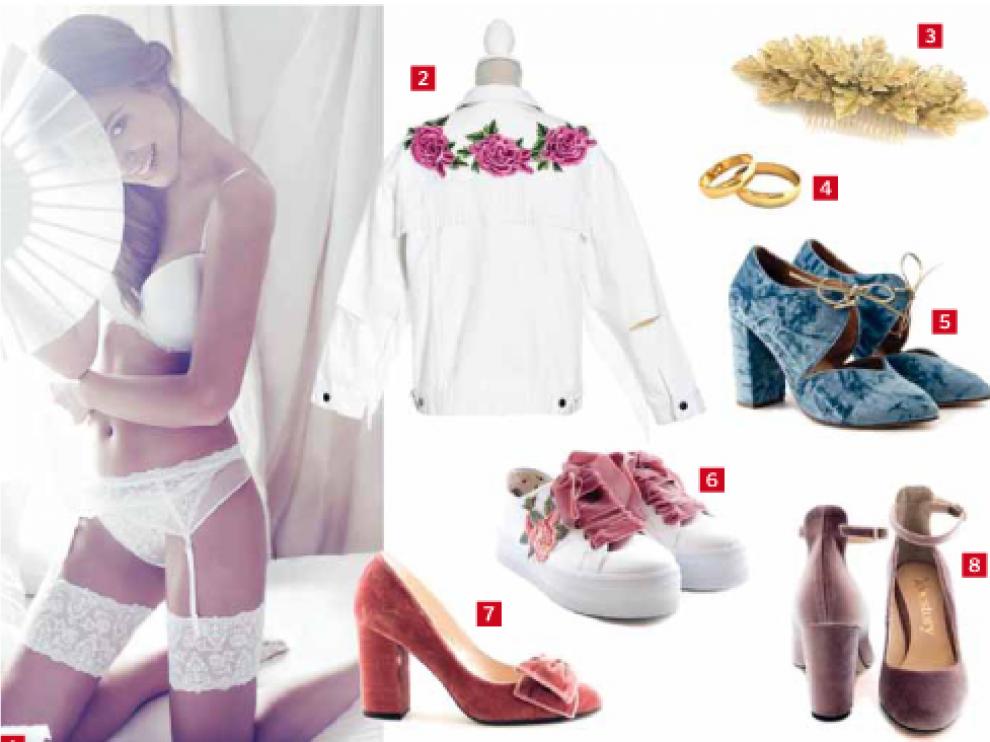 1. Conjunto de lencería de novia, con sujetador y liguero, de Ivette. 2. Cazadora customizada, de Love Story. 3. Tocado dorado de hojas. 4. Alianzas de oro de media caña. 5. Botín de terciopelo azul, de Sarah Verdel. 6. Zapatillas Victoria Custom Velvet by Love Story. 7. Zapato Kimberly de tercipelo rosa, de Lodi. 8. Zapato de terciopelo malva, de Love Story.
