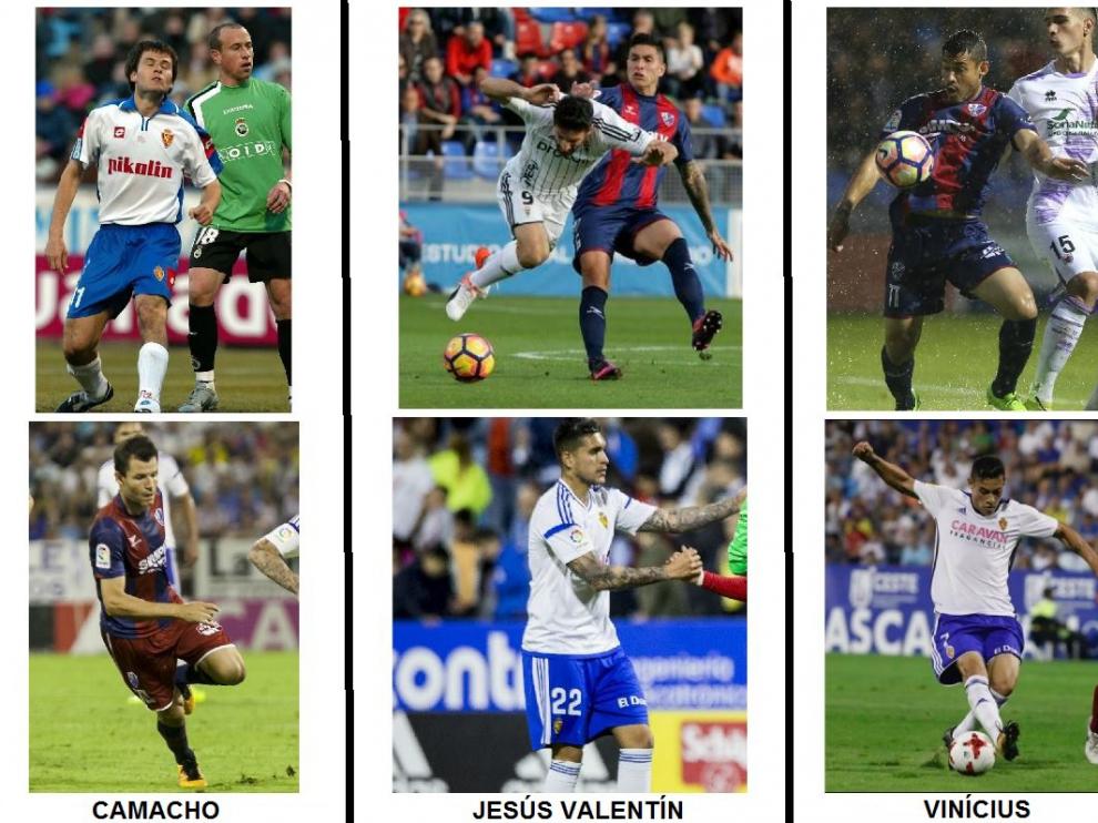 Antes y después de Camacho, Jesús Valentín y Vinícius, con las camisetas de Real Zaragoza y el Huesca en sus respectivas carreras.
