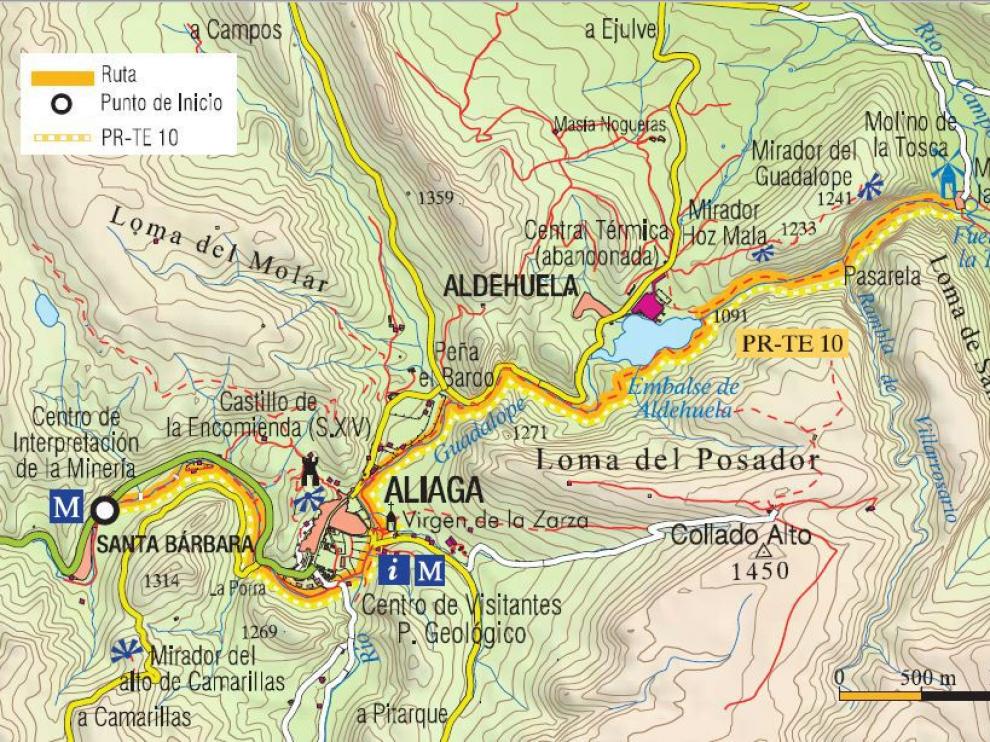 Mapa de la senda fluvial de Aliaga.