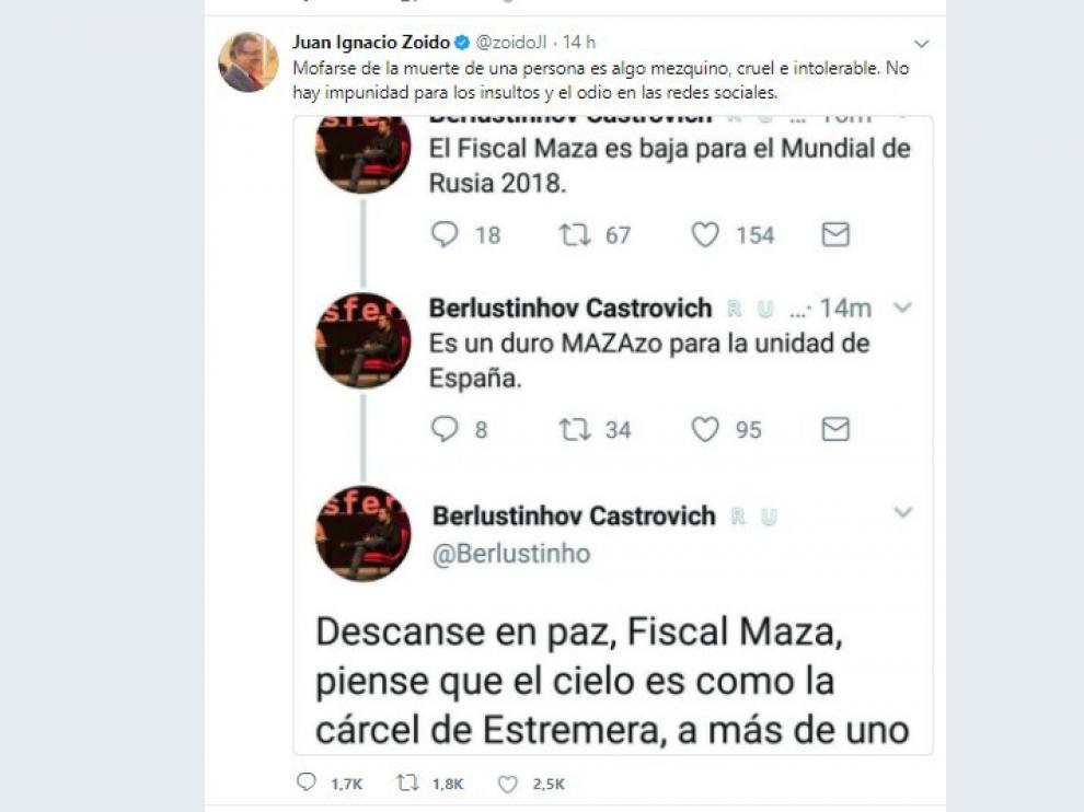 Zoido, ante los insultos a Maza: "No hay impunidad para el odio en las redes"