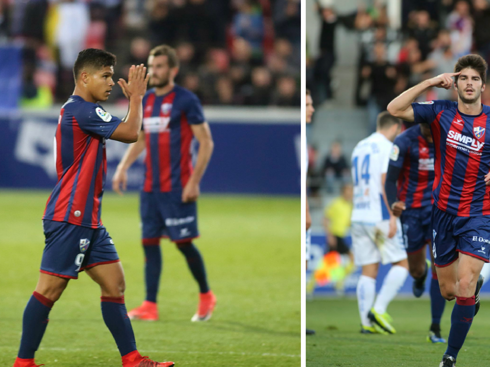 Cucho y Melero, durante el partido contra el Tenerife. El colombiano devuelve el cariño al público, mientras que el capitán celebra su segundo gol, el tercero del encuentro.