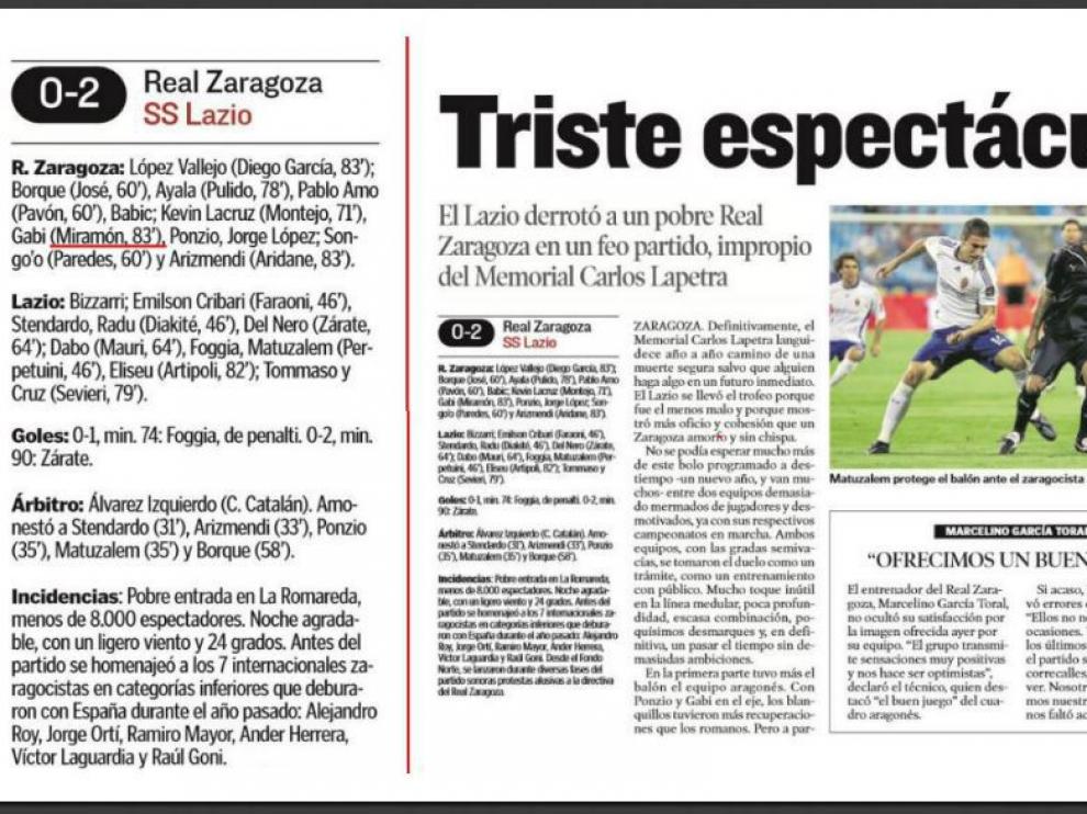 Detalles de la crónica de HERALDO DE ARAGÓN del partido Real Zaragoza-Lazio en 2009, donde Miramón (a la dcha. actualmente con el Reus), jugó su único choque con el primer equipo.