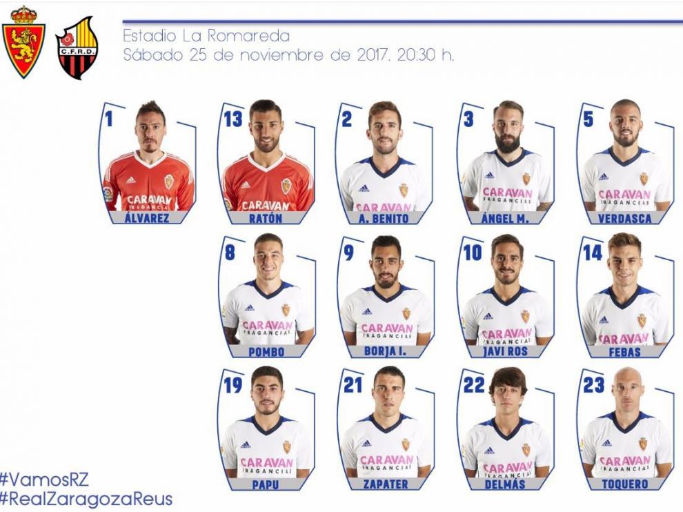 Lista de 19 futbolistas del Real Zaragoza para jugar el partido ante el Reus este sábado en La Romareda.