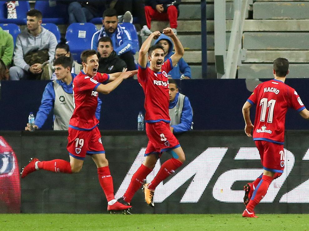 Jugadores del Numancia celebran un gol en el partido contra el Málaga.