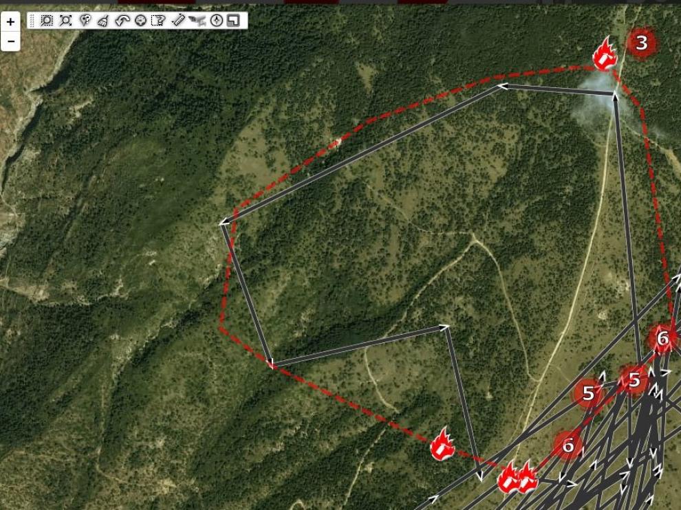 Estimación del perímetro quemado en el incendio de Torre La Ribera realizada por el 112 Aragón.