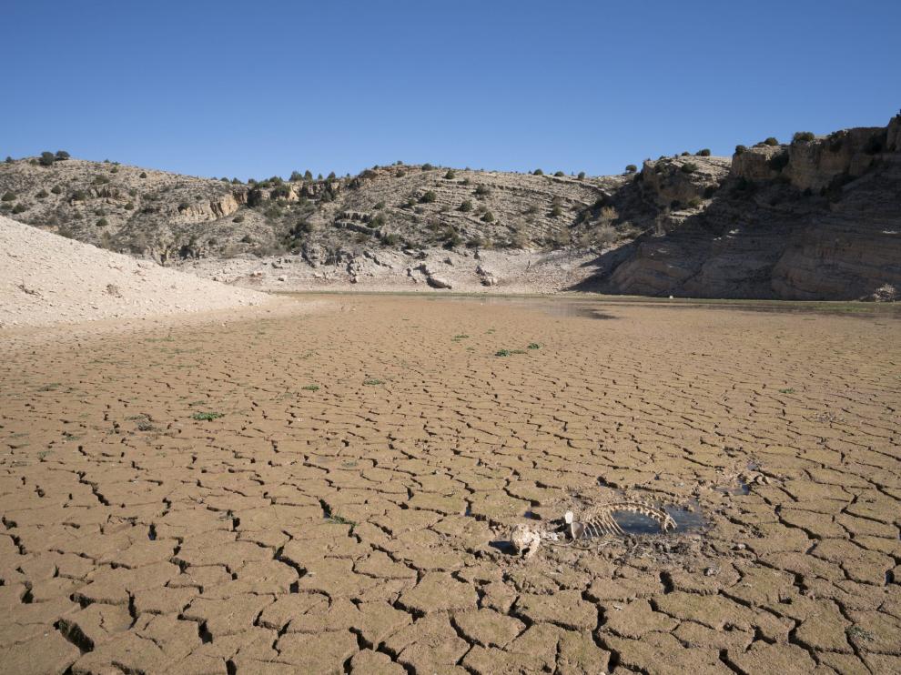 La cola del pantano del Arquillo, con el barro cuarteado por el descenso del nivel.