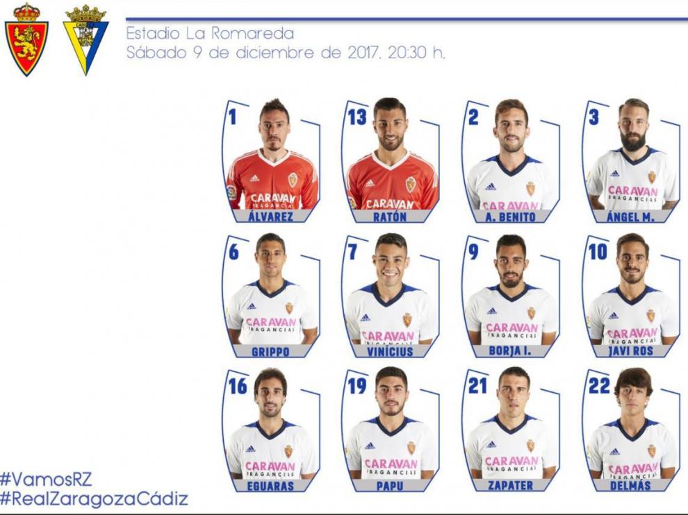 Lista de 18 convocados del Real Zaragoza para el partido de la noche de este sábado en La Romareda ante el Cádiz.