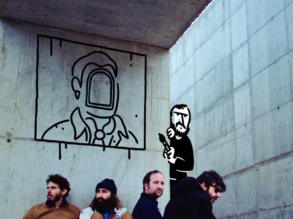 Los componentes de Calavera y el autorretrato de Álvaro Ortiz con la portada del disco.
