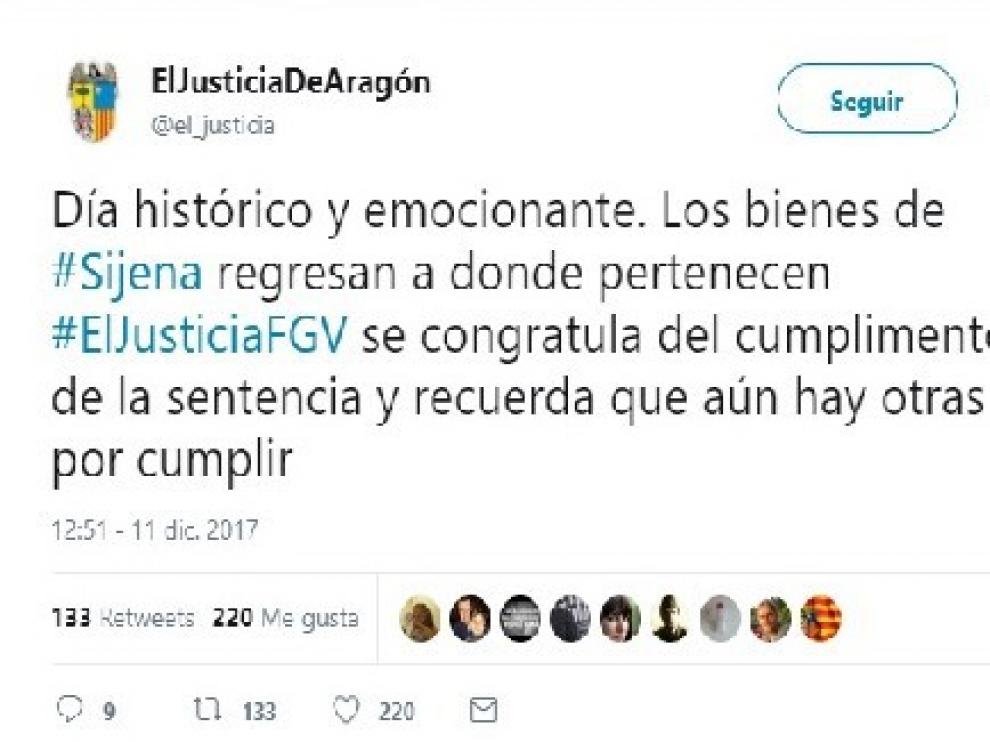 Mensaje publicado en la cuenta de Twitter del Justicia de Aragón sobre el regreso de los bienes de Sijena