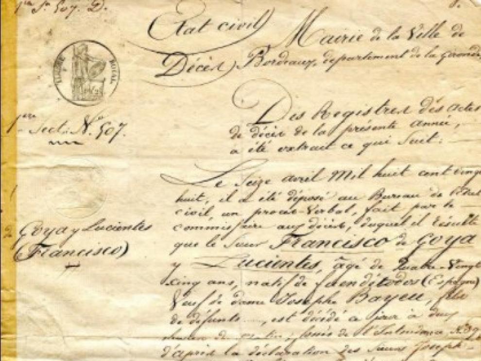 Acta de defunción de Goya