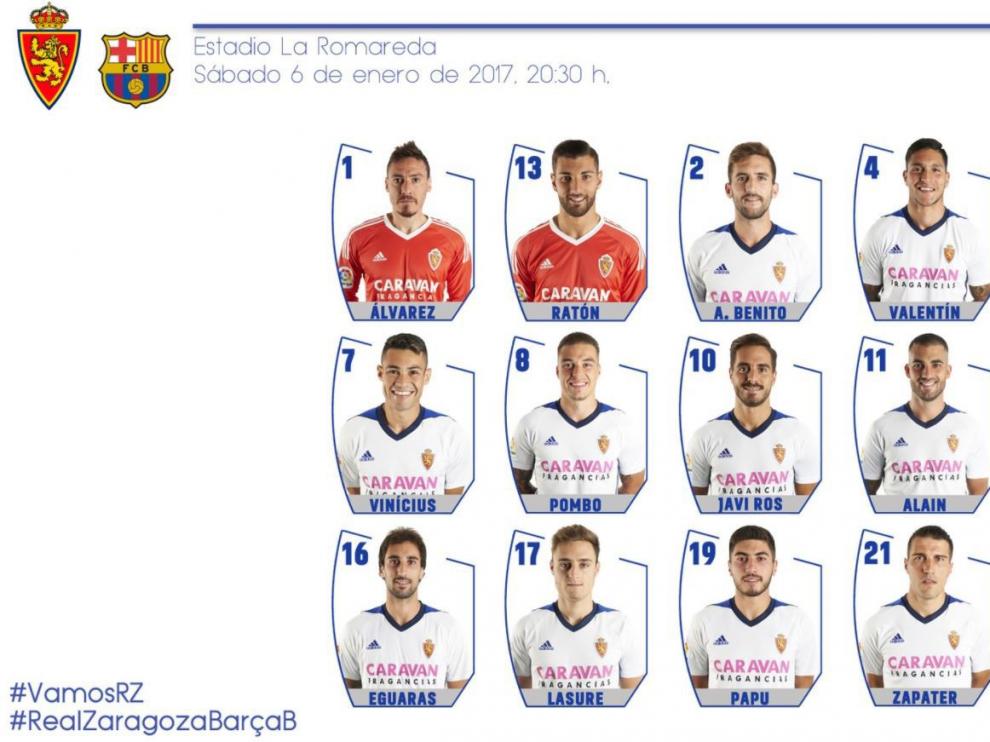 Lista de 18 convocados del Real Zaragoza para disputar el partido frente al Barcelona B en La Romareda.