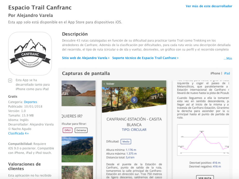 La app recoge el tipo de ruta, su desnivel y un gráfico con el recorrido completo.