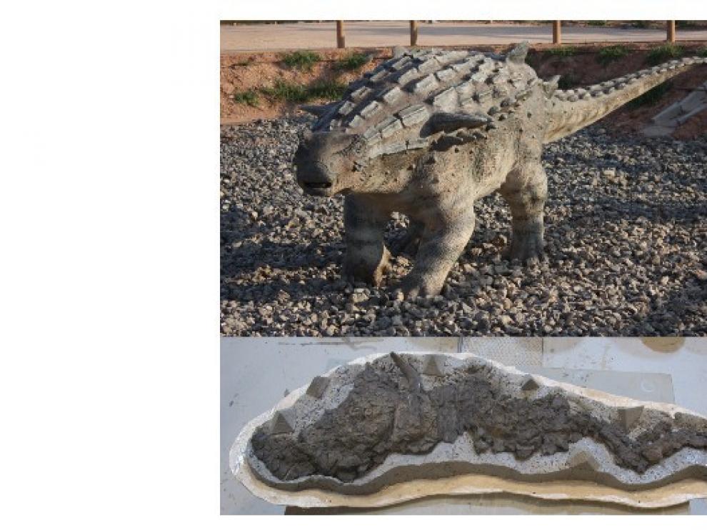 Europelta carbonensis en Tierra Magna, Dinópolis. Debajo, fósil de la cola articulada de Europelta en el laboratorio paleontológico de la Fundación-Dinópolis