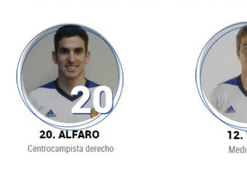 Las viñetas de Alfaro y Wilk en la pestaña de la plantilla en la web del Real Zaragoza.