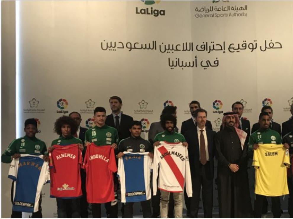 Presentación del acuerdo entre La Liga y la Federación de Fútbol de Arabia Saudí este domingo en Riad.