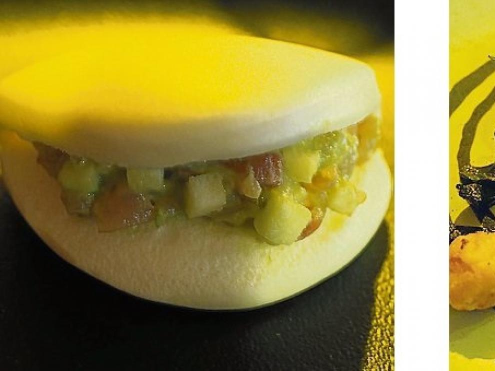 Tartar de salmón en pan bao, Taglliatelle de pasta negra y Pastel de chocolate y manzana.
