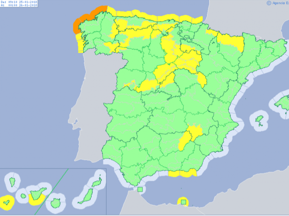 Los avisos meteorológicos para este jueves, 25 de enero.