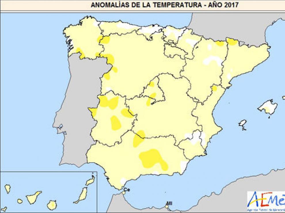 Imagen de Aemet con las zonas donde más subió la temperatura media en 2017
