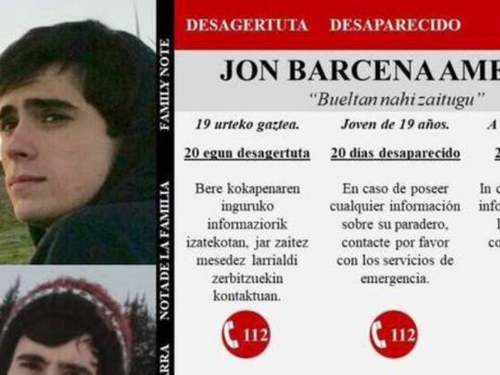 Cartel que publicó la familia de Bárcena para buscarlo.