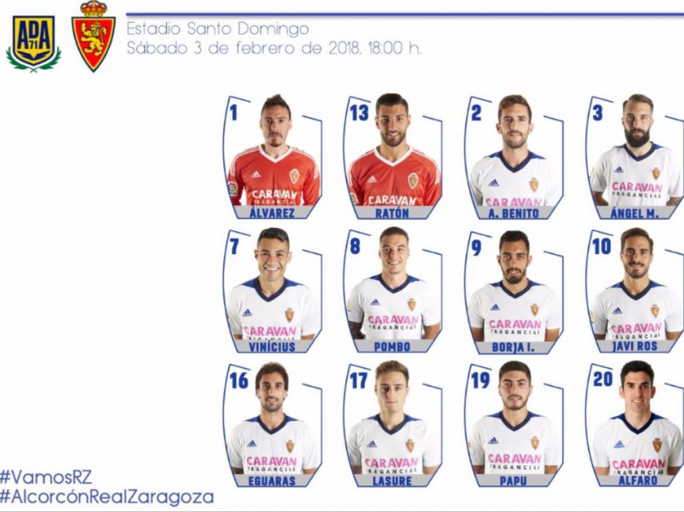 Lista de convocados del Real Zaragoza para el partido de este sábado en Alcorcón.