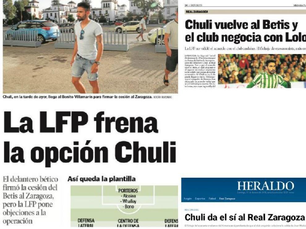 Informaciones de HERALDO DE ARAGÓN en los diferentes momentos en los que Chuli ha estado a punto de ser jugador del Real Zaragoza en los últimos 3 años.