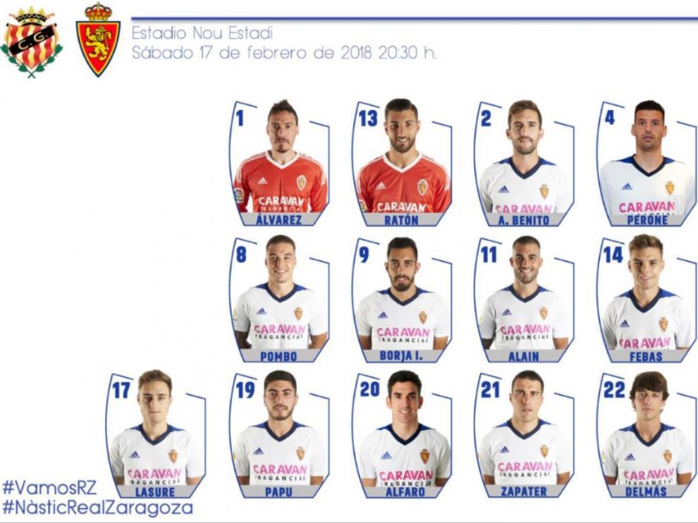 Lista de 19 convocados del Real Zaragoza para el partido ante el Nástic en Tarragona este sábado.