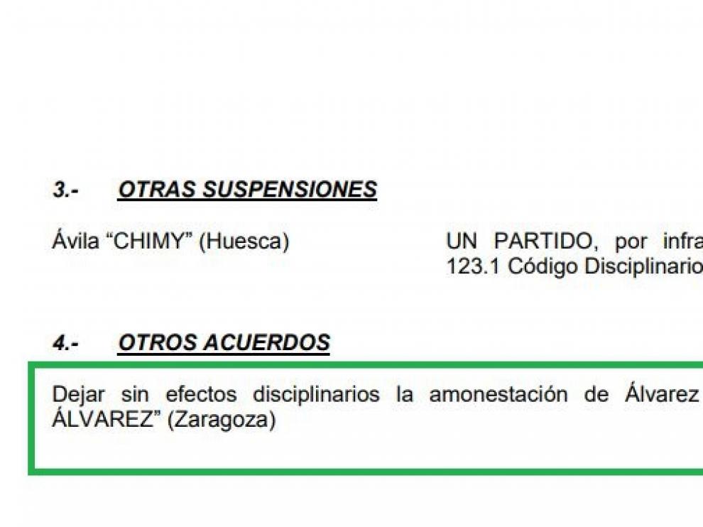 Extracto del documento oficial del Comité de Competición de la Federación donde se reseña la anulación del castigo al portero zaragocista, Cristian Álvarez.