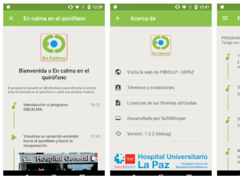 Pantallas de la aplicación 'En calma en el quirófano'.