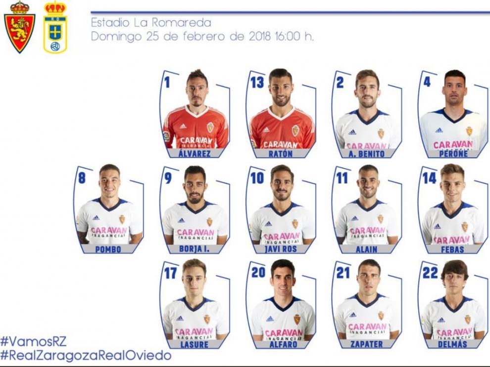 Lista de los 19 citados por Natxo para el Real Zaragoza-Real Oviedo de este domingo.
