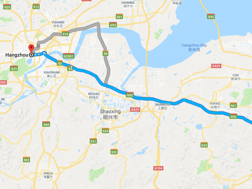 La distancia entre Hangzhou y Ningbo, China