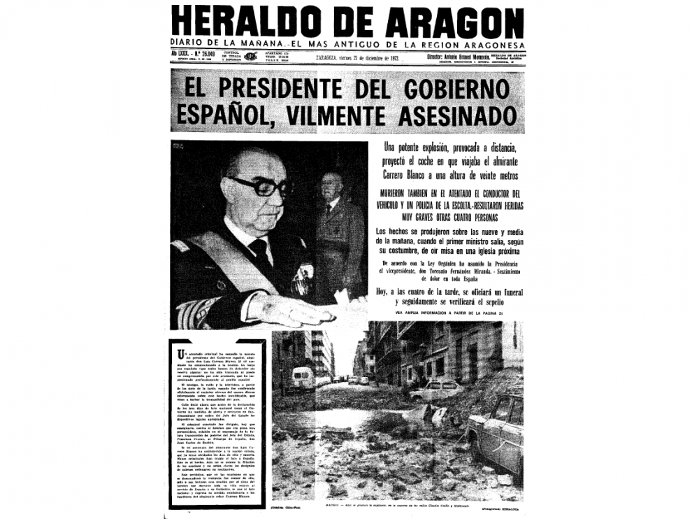 Portada de HERALDO el 21 de diciembre de 1973, el día posterior al asesinato de Carrero Blanco.
