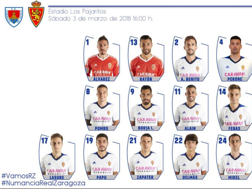 Lista de 19 citados del Real Zaragoza para el partido ante el Numancia en Soria.