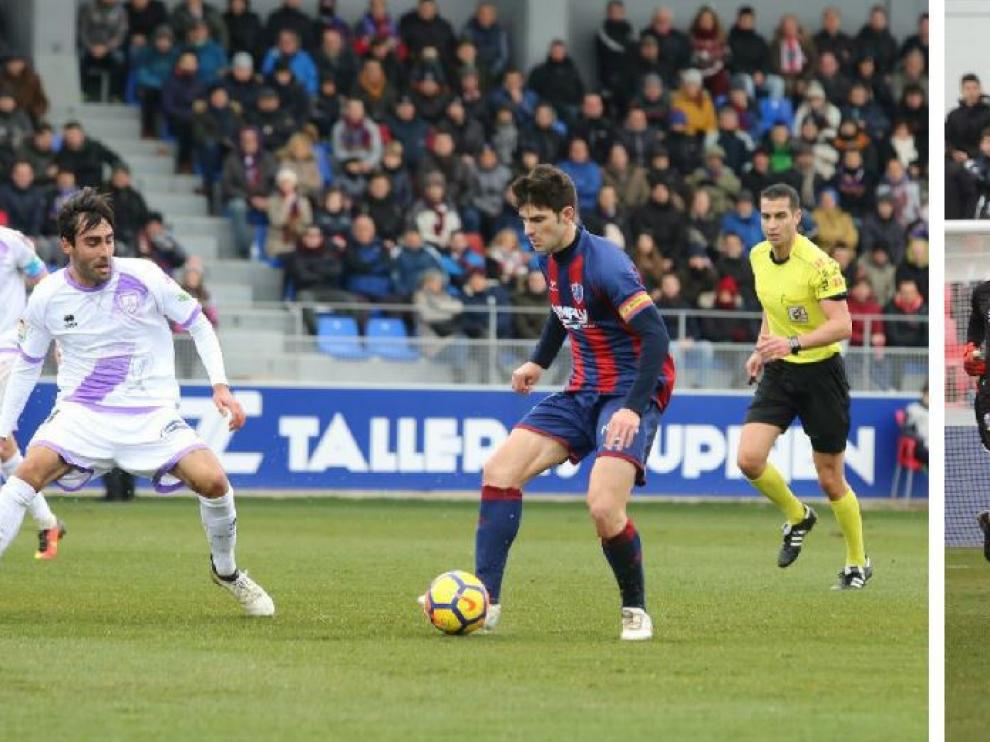 Dos momentos del partido Huesca-Numancia (2-1) que dirigió Santiago Varón Aceitón en El Alcoraz el pasado 14 de enero.