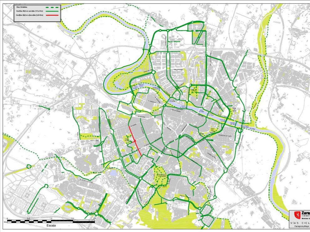 Mapa de los carriles bici de Zaragoza