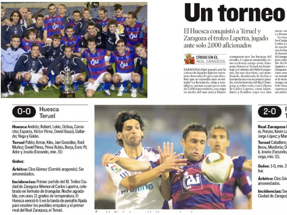 El equipo del Huesca que ganó 0-1 al Real Zaragoza en el 3x1 del Trofeo Ciudad de Zaragoza-Memorial Lapetra de 2010. Titular de la crónica de HERALDO DE ARAGÓN y fichas de los tres 'mini partidos' entre Zaragoza, Huesca y Teruel.