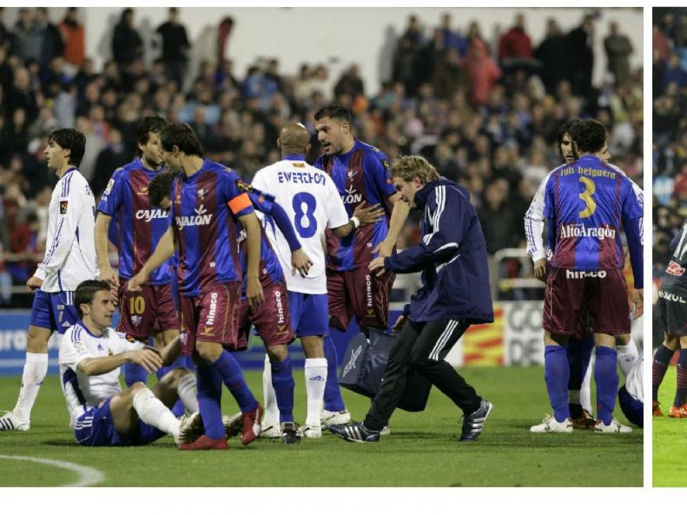 Dos momentos de lío entre los jugadores del Real Zaragoza y la SD Huesca en los partidos jugados en La Romareda en 2008 y 2015.