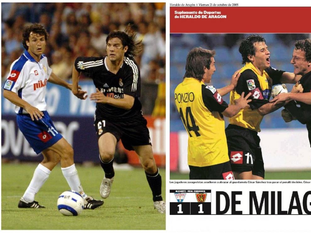 Camacho, con el 11 del Real Zaragoza, en un partido contra el Real Madrid en 2005 (izda.). En medio, portada de HERALDO tras la eliminatoria de Copa en la que un gol de Camacho clasificó al Real Zaragoza en Alicante. A la dcha. la ficha de ese partido.