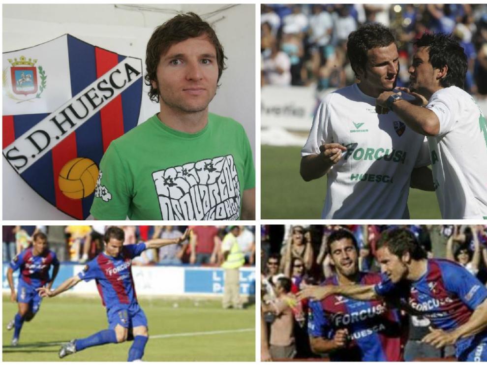 Lalo, en su presentación como jugador del Huesca (arriba, izda.). Celebrando el ascenso en Écija, junto a Sorribas (arriba, dcha.). Y, abajo, en dos momentos del lanzamiento de penalti en el partido de ida en El Alcoraz en el que Lalo marcó el primero de los dos goles en el 2-0 final.