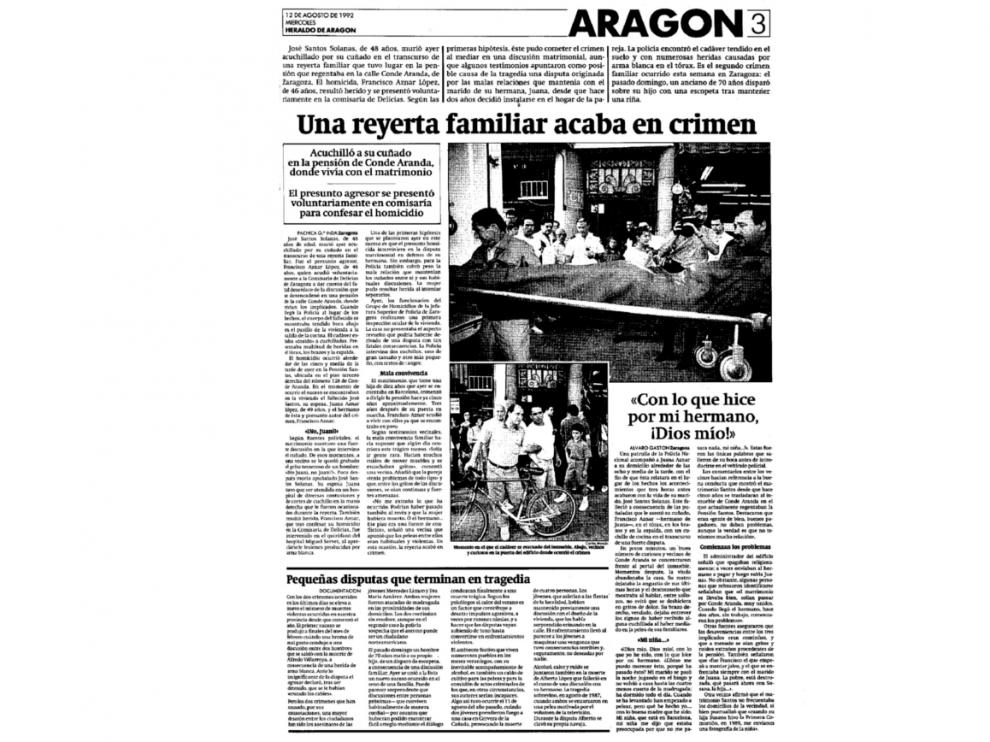 Recorte de la noticia publicada el 12 de agosto de 1992 sobre el crimen de la pensión Santos.
