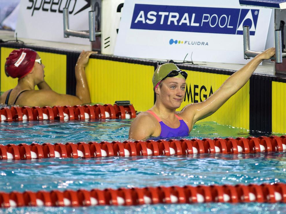 La nadadora Mireia Belmonte tras participar en la prueba de 200 metros mariposa.