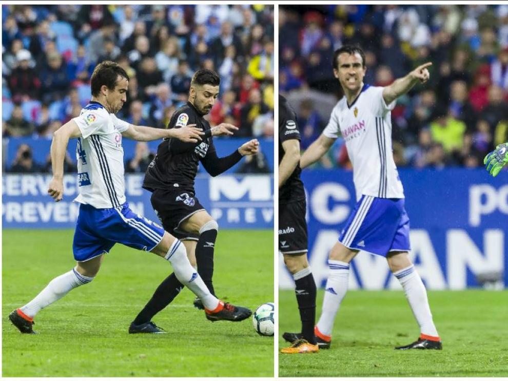 Dos momentos de Mikel González ante el Huesca. Al corte ante Vadillo y ordenando la defensa tras una parada de Cristian Álvarez.