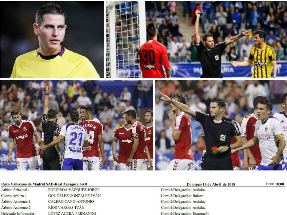 Figueroa Vázquez, su designación para el partido de Vallecas y varias imágenes de sus graves polémicas con el Real Zaragoza en los últimos partidos dirigidos al club aragonés.