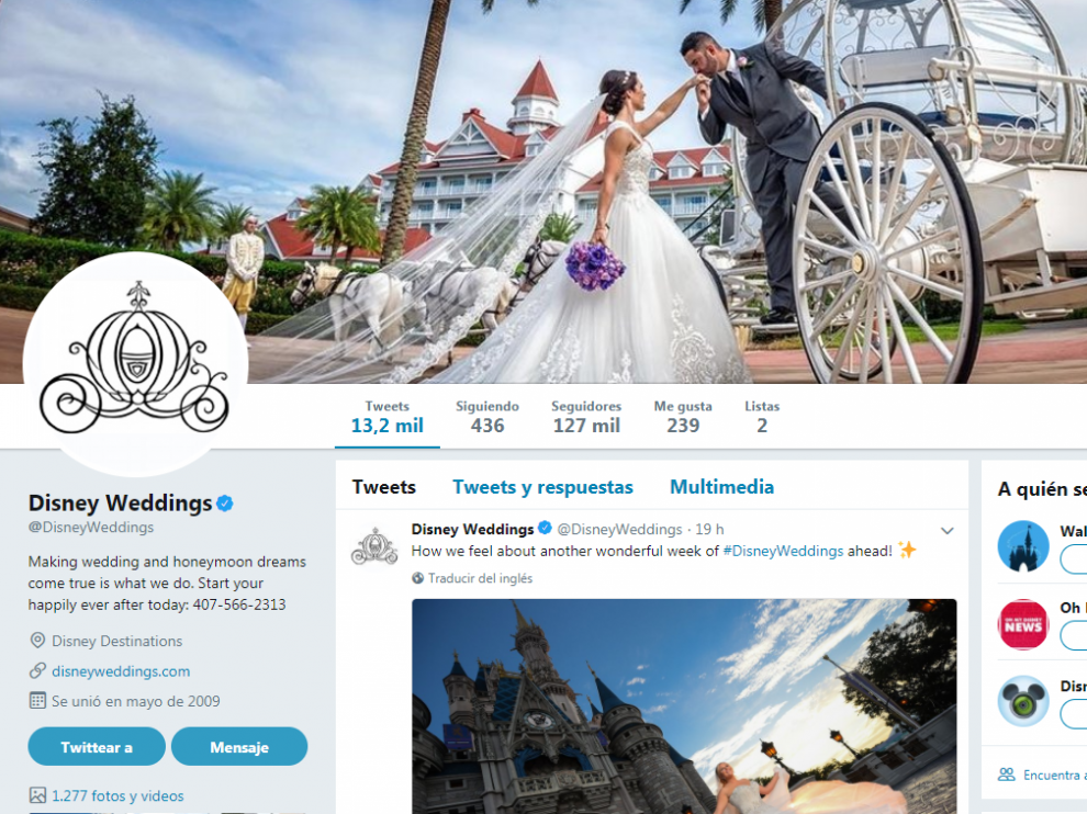 Twitter de Disney's Fairy Tale Weddings & Honeymoons, organizadores de las bodas de cuento de hadas en los parques temáticos Disney.