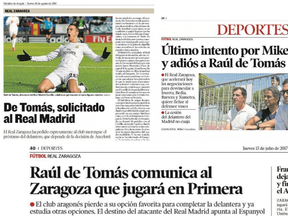 Varias informaciones de HERALDO DE ARAGÓN sobre el interés del Real Zaragoza por De Tomás, tanto del pasado verano (2017) como del de 2014.
